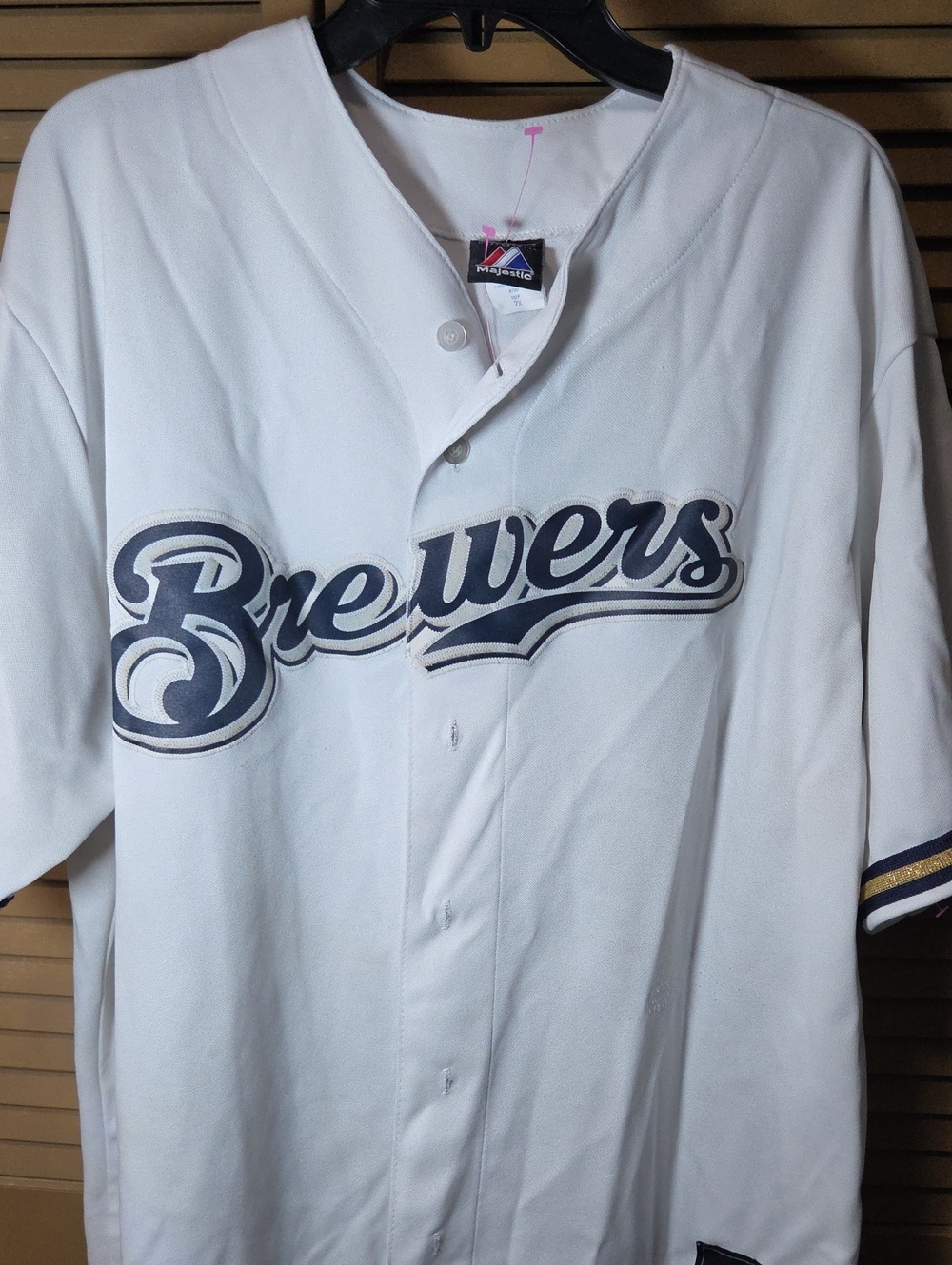 Majestic White Brewers Baseball Jersey with Navy and Gold Trim